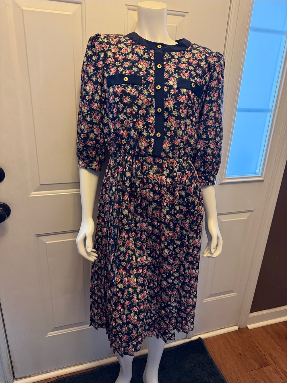 Floral Navy Midi Dress with Pink Blossoms